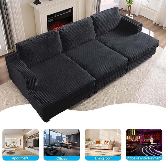 Mjkone 120 W Oversized Deep Seat Sofa Upholstered Corduroy 3 Seat Sofa Modular Sectional Couch with Wooden Frame Modern Sleeper Sofa Bed for Living Room Office Dark Grey