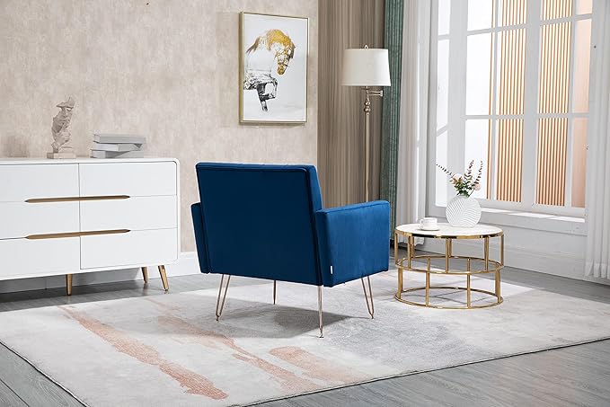 Velvet Accent Chair Upholstered Living Room Accent Armchair Leisure Single Chairs with Rose Golden feet Tufted Sofa Chairs for Home Office Living Room Bedroom Small Space (Navy)