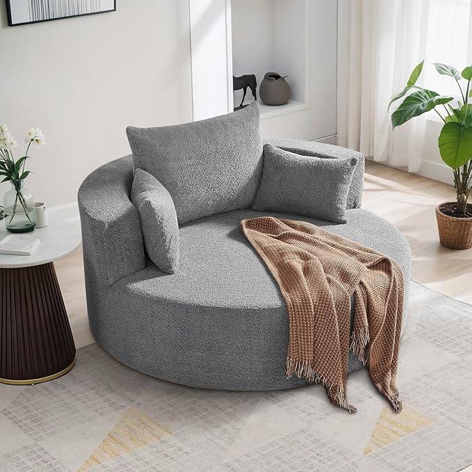 360° Swivel Barrel Chair - Oversized Round Sofa Chair and A Half with Removable Pillows Comfy Modern Upholstered Chenille Deep Seat Circle Chaise Lounge for Living Room Bedroom Office Hotel (Grey)