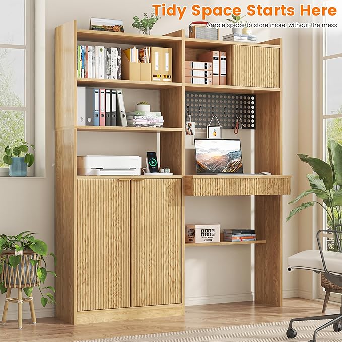 63 Tall Computer Desk with Hutch Fluted Wood Home Office Desk with Charging Station Drawer &amp Storage Cabinet Oak Workstation for Work &amp Study
