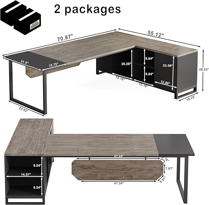 Oigavfd 70.8 L Shape Executive Desk with File Cabinet and Printer Stand L Shaped Computer Desk with Storage and Metal Frame Corner Desk for Home Office (Retro Gray &amp Black)