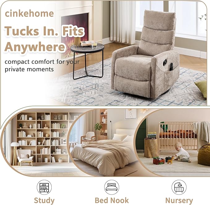 cinkehome Swivel Rocker Recliner Chair Upholstered Nursery Glider Recliner Chair with Heated Massage High Back Side Pocket (Khaki Chenille Fabric)