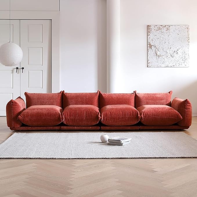 JACH Mid-Century Modern Large 4 Seater Couch Chenille Sectional Sofa 4 Seats Modular Couches with Thick Cushion 130 Plush Sofas Furniture for Living Room Bedroom Office Apartment Red