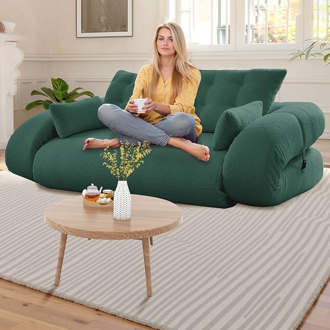 Folding Sofa Bed3-in-1DIY Convertible Sleeper SofaTeddy Velvet Couch with ArmrestFoldable Mattress with Back SupportFoldable Lazy Sofabed 78.7 Human Dog Bed for Living Room BedroomGreen