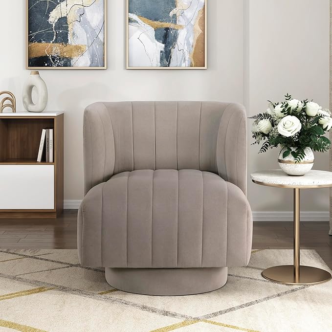 Lexicon Swivel Accent Chair Textured Fabric Upholstered 360 Degree Swivel Barrel Chair with Channel Tufted Comfort Seat for Living Room Bedroom Office Easy Assembly Taupe