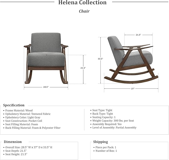 Lexicon Helena 28.5 W Fabric Wood Arm Rocking Chair Gray