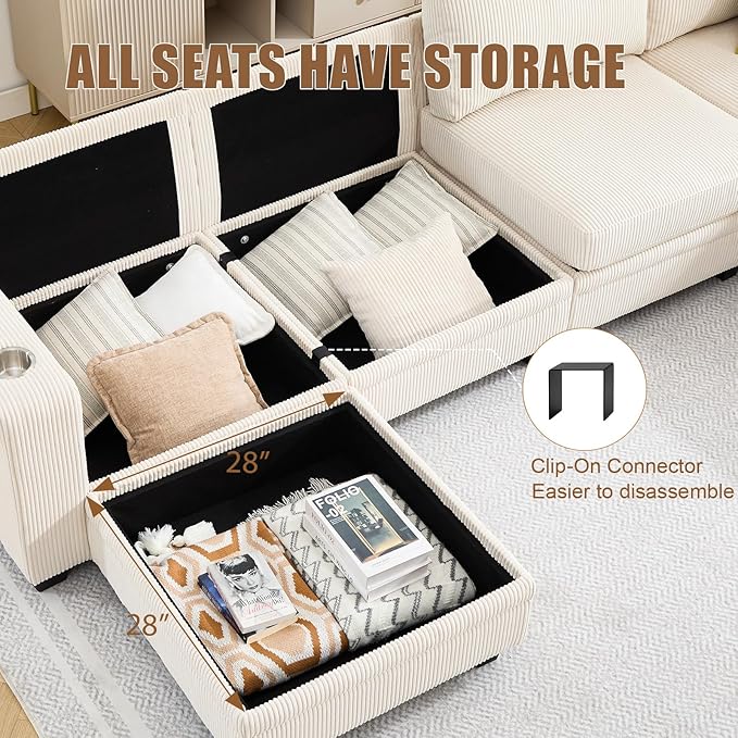 Modular Sectional Sofa Corduroy 6-Seater Corner Couch with Ottoman Chaise Convertible L-Shaped U-Shaped Sofa Sectional Couches for Living Room Apartment Beige