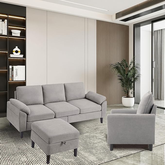 2 Piece Couches Set for Living Room Convertible L Shaped Sofas 3 Seat Couch with Ottoman and Accent Chair Modern Linen Sofa for Small Space (Light Grey)