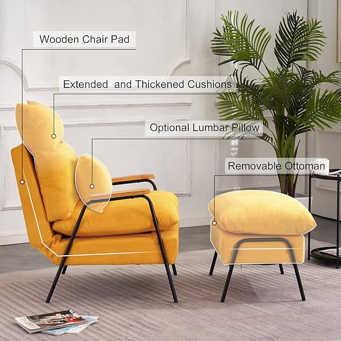 MCombo Accent Recliner Chair with Ottoman Modern Linen Fabric Armchair Upholstered Sofa Bed for Living Room Bedroom Small Space 4055 (Yellow)
