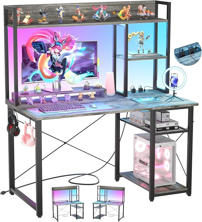 Cyclysio Gaming Desk with Hutch 39'' Computer Desk with LED Lights &amp Power Outlets Home Office Desk with Reversible 5 Tiers Storage Shelves &amp Monitor Stand Small Gaming Table for Small Spac