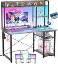 Cyclysio Gaming Desk with Hutch 39'' Computer Desk with LED Lights &amp Power Outlets Home Office Desk with Reversible 5 Tiers Storage Shelves &amp Monitor Stand Small Gaming Table for Small Spac