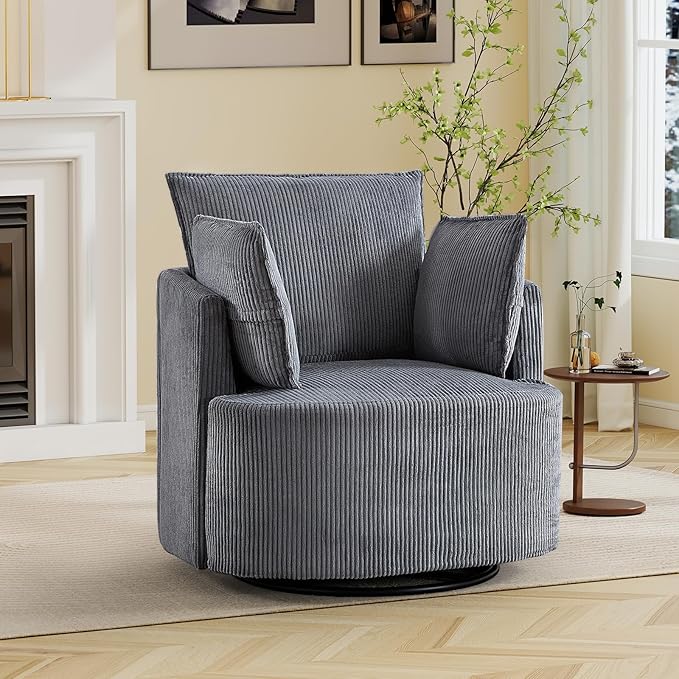 Bonzy Home 360° Swivel Accent Chair Comfy Corduroy Swivel Barrel Chair with 2 Soft Pillows Single Sofa for Living Room Bedroom Grey