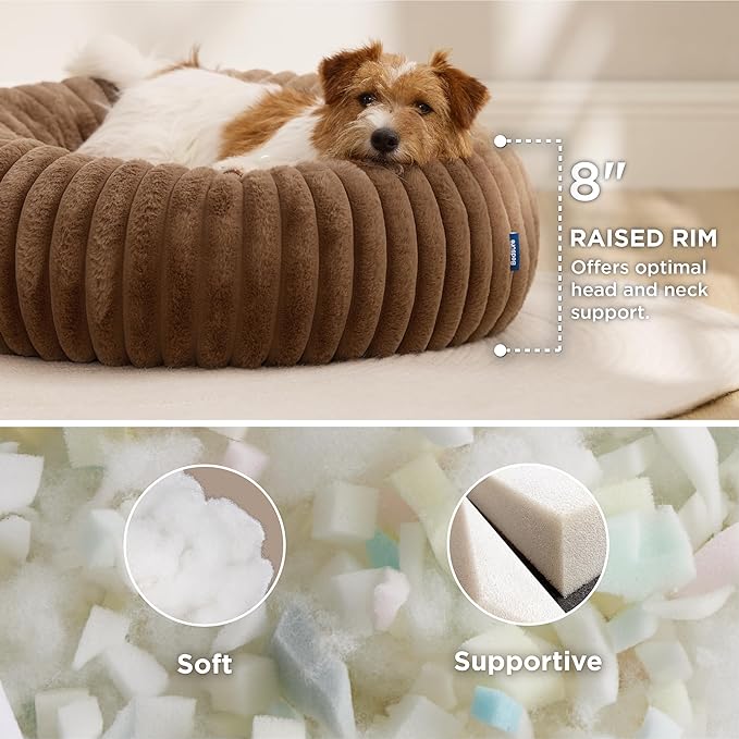 Bedsure ComfyFleece™ Donut Small Dog Bed - Dog Beds for Small Dogs with Corduroy Fleece &amp Anti Slip Bottom Round Faux Fur Pet Beds with Washable Removable Cover Camel Brown 27x27x8 inches