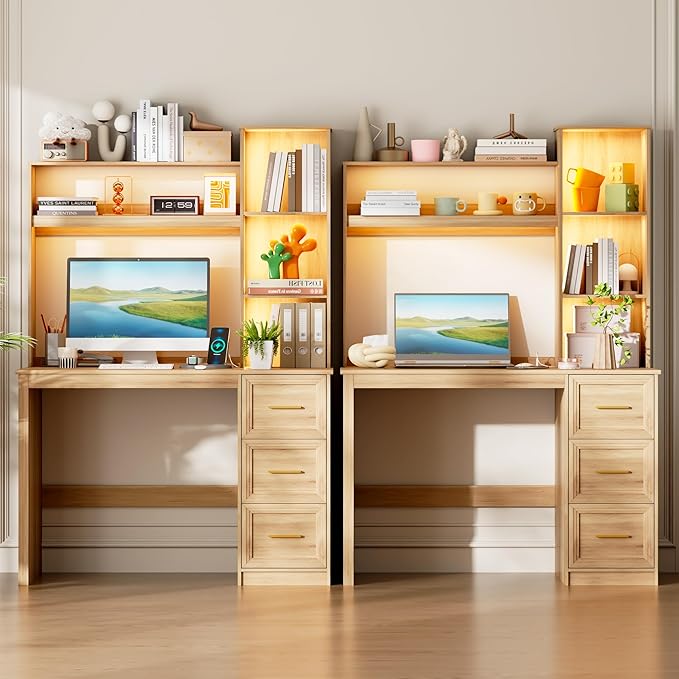 LVSOMT 40” Home Office Desk with Hutch and Drawers Computer Desk with Power Outlets and LED Light Study Writing Gaming Table with Storage Shelves Workstation for Bedroom Wood