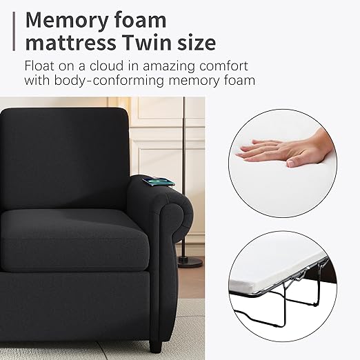 Ball &amp Cast 58 Loveseat Futon Sofa-BedConvertible Pull Out CouchLinen Upholstery Sleeper Sofa Bed with Twin Size Memory Mattress&ampUSB PortOverstuffed Back CushionChaise Lounge for Livingro