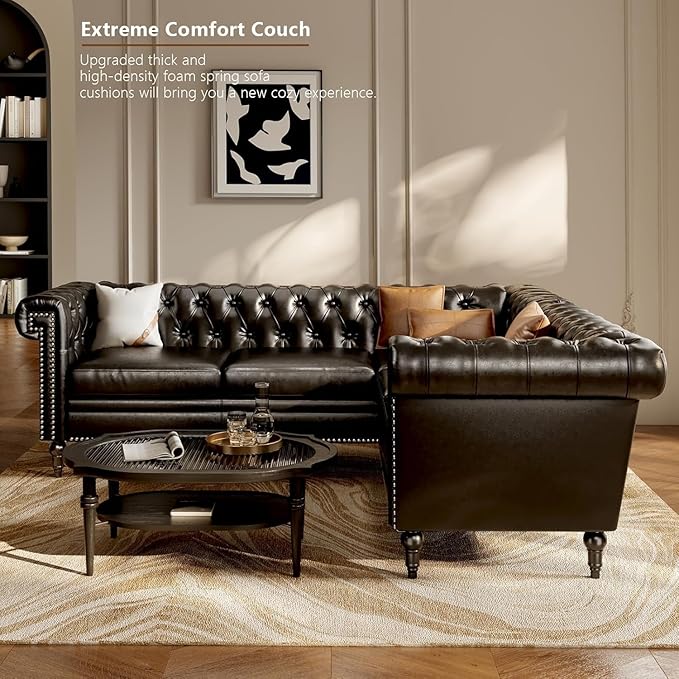 85 Chesterfield Sectional Sofa L Shaped Convertible Faux Leather Couch with Tufted Nailhead &amp Rolled Arms 5-Seater leather sectional couches for living room Apartment Office Classic Black