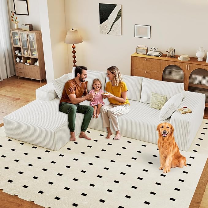 96 Modular Sectional Sofa Modern Corduroy Cloud Couch with Deep Seat Boneless Couch Upholstered 3-Seater L-Shaped Sofa for Living Room No Assembly Required (White Left-Facing Chaise)
