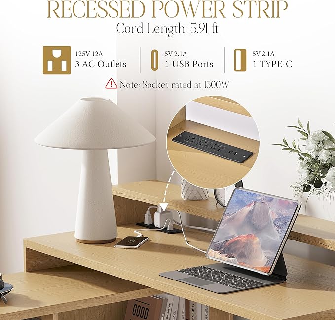 67 L Shaped Executive Desk with Drawers &amp Storage Shelf Corner Computer Desk with Power Outlets Home Office Desk with Monitor Stand Printer Shelf Computer Writing Desk for Work Oak