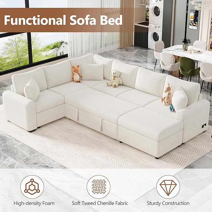 Modern Sectional Sofa Pull-out Sofa Bed Sleeper with a Storage Ottoman and 3 Pillows L-shaped Convertible Sofa Bed Chenille Upholstered Combination Couch for Living Rooms Offices (Cream-16)