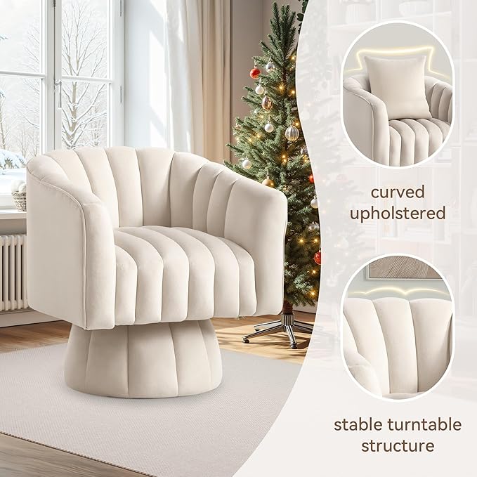 YSICK Swivel Accent Chair 360°Swivel Barrel Chair Modern Ottoman with Velvet Fabric Mid-Century Ottoman with Wide Upholstered Round Armchair for Living Room Lounge BedroomBeige
