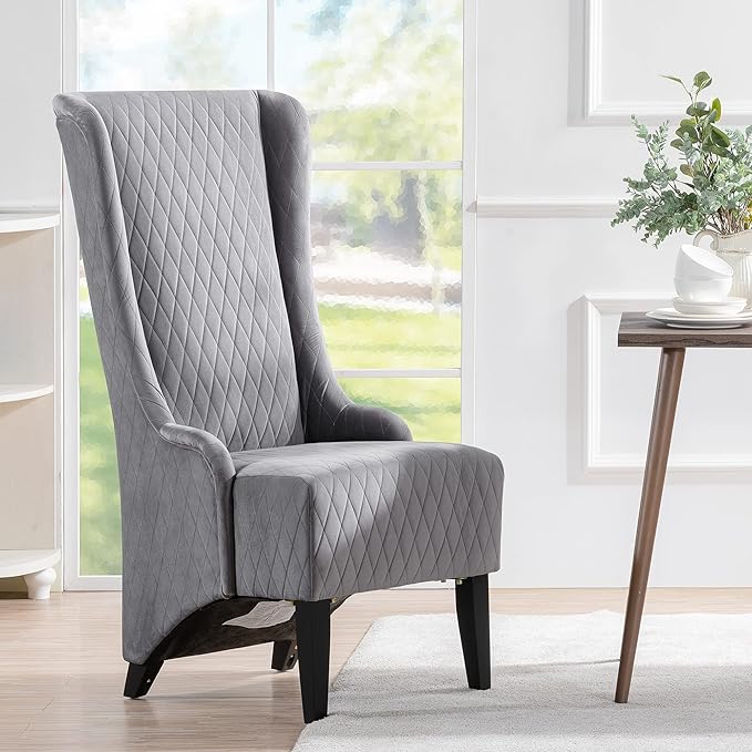 Modern Velvet Accent Chair 23.03 Wingback Living Room Chair with Comfy Padded Seat Birch Wood Legs Gray Fabric