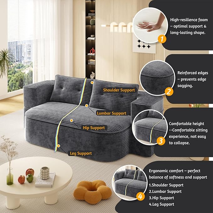 78.7 Convertible Sleeper Sofa Bed with 2 Soft Pillows 2-in-1 Fold Out Couch Upholstered in Luxurious Plush Corduroy Fabric Deep Seat Couch for Living Room Bedroom Guest Room Dark Grey