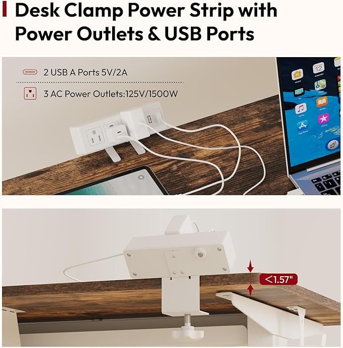 SANODESK Electric Standing Desk with Desk Clamp Power Strip 48x 24 Whole-Piece Desktop Height Adjustable Stand Up with Cable Management Sit Stand Home Office White Frame/Rustic Brown Top