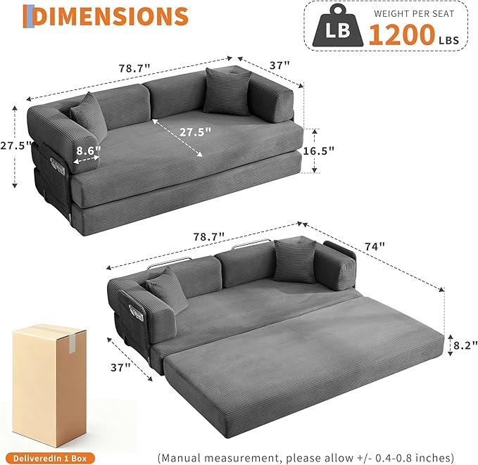 Convertible Sleeper Sofa Bed 78.8 Floor Sofa Bed 5-in-1 Folding Mattress Couch Loveseat with Fixed-Shape Frame Pillow Corduroy Fabric for Living Room Bedroom Lounge (Gray)