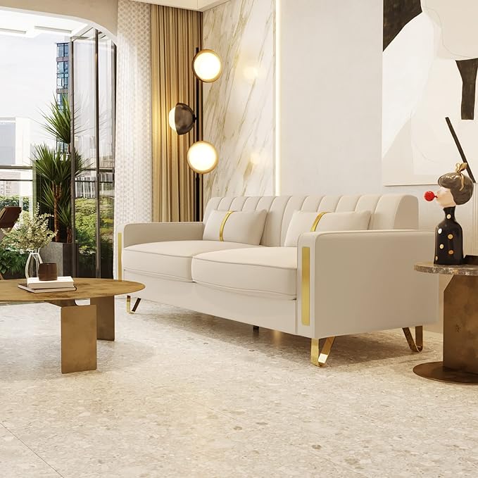 85.63 Modern Velvet Sofa with Gold Metal Legs Large Upholstered Mid Century Modern Comfy 3 Seater Couches for Living Room Bedroom Office (Beige)