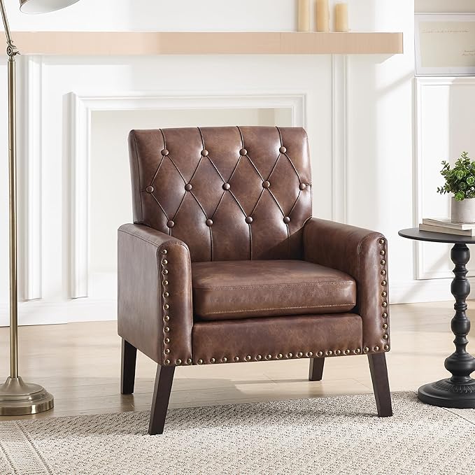 Mid Century Modern Accent Chair Dark Brown Faux Leather Office Chair for Reception - Tufted Leather Club Chair for Living Room Bedroom or Waiting Room