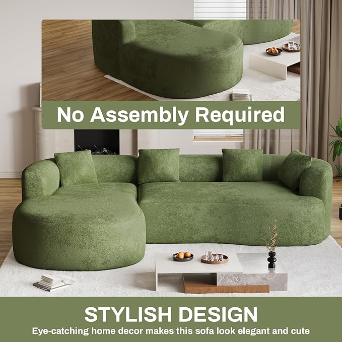 Oversized Sectional Sofa with Left Chaise for Living Room 111 Modern Curved L Shape Cloud Couch with Extra Deep Seat Modern Luxury Chenille 4 Seater No Assembly Required Green