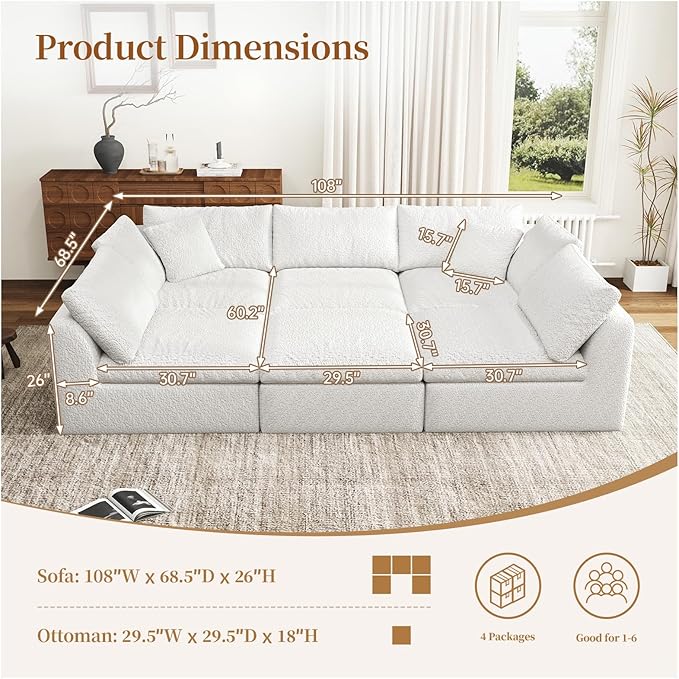 108 Modular Sectional Sofa with Movable Ottoman No Assembly Required Boneless Cloud Couch Deep Seat L Shaped Sectional Couches for Living Room Bedroom and Apartment White