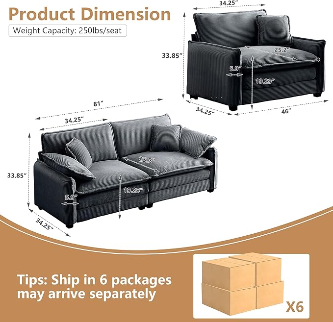 Aoowow 3 Pieces Modular Sectional Sofa Set with Loveseat Couch and 2 Sofa ChairModern Corduroy Comfy Cloud Deep Seat Couches Set with Throw Pillows and Arm Pillows for Living Room Apartment(Grey)
