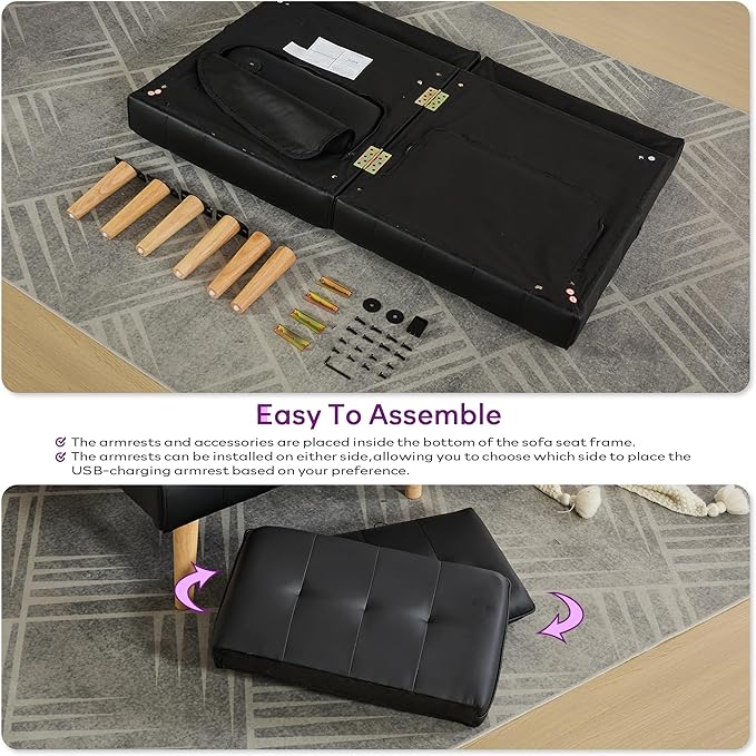 TYBOATLE Faux Leather Convertible 65'' Folding Futon Sofa Bed w/ 2 USB Loveseat for Small Space Apartment Dorm Living Room Office Black