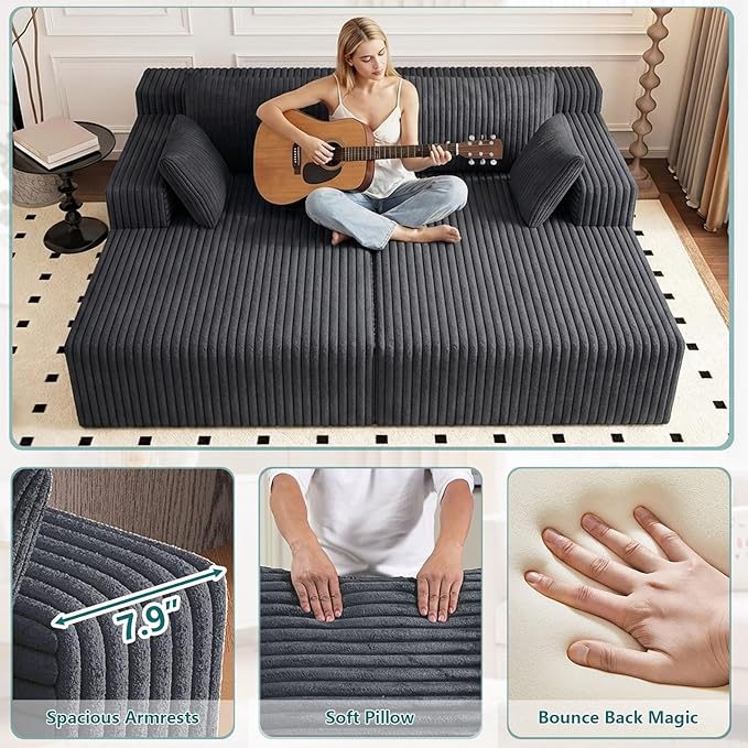 70.8 Oversized Double Chaise Lounge Indoor Upholstered Deep Seat Cloud Couch Corduroy Lounge Chair Modern Sofa Bed Loveseat Sleeper Chair for Living Room Bedroom ApartmentDark Gray