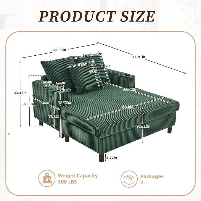 KEIKI 50 W Corduroy Oversized Recliner Single Sofa Couch with Deep Seat3 PillowsUSB ChargingCup Holder and Pocket for Bedroom