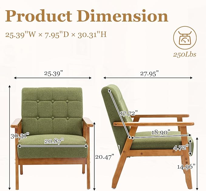 Modern Accent Chair Mid-Century Linen Armchair with Solid Wood Armrests Button-Tufted Comfortable Cushioned Reading Chairs for Living Room Bedroom (Green