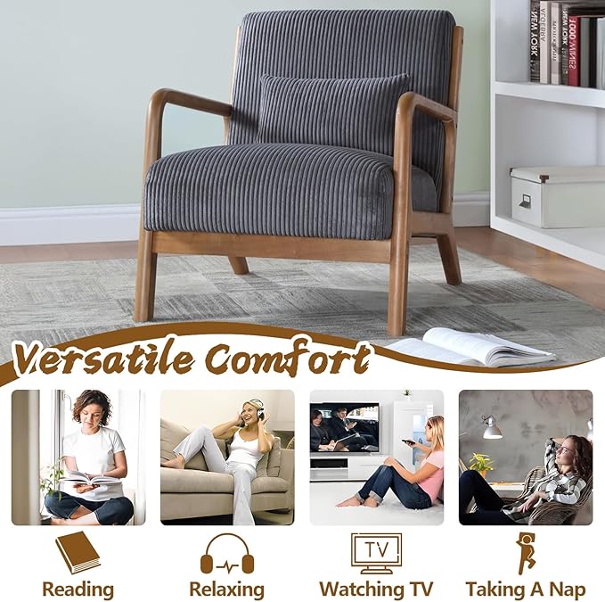 Modern Accent Chairs with Waist Cushion Comfy Upholstered Chair Living Room Corduroy Reading Chair with Solid Wood Frame Side Chairs for Living Room Bedroom Sunny Room Balcony (Gray)