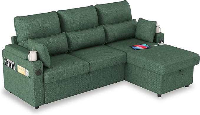 Sectional Sleeper Sofa with Pull Out Couch Bed with Storage Chaise for Living Room Comfy Linen Modular Sectional Sofa with Dual USB &amp Type-C Cup Holders (Green 81 Inches)