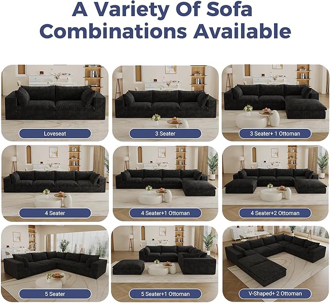 118.2 Modular Boneless Sofa 3 Seater Cloud Sectional Couches for Living Room Deep Seat Corduroy Upholstered Couch Furniture Set No Assembly Required (Black 3 Seater)