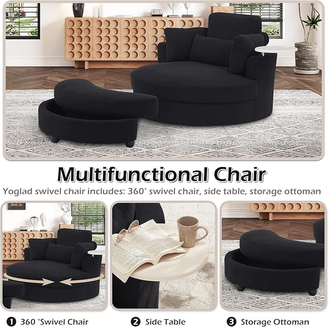 Yoglad Oversized Round Swivel Accent Chair - 360 Degree Chairs with Ottoman Armrest Tray Ideal for Living Room Bedroom(Corduroy Black)