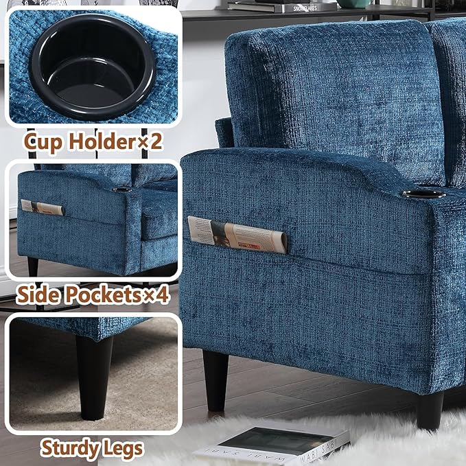L Shaped Couch with Storage Ottoman 77 Chenille Small Sectional Couches with 2 Cup Holders &amp Storage Pocket for Small Space Comfy Cloud Sectional 3 Seater Couch Blue