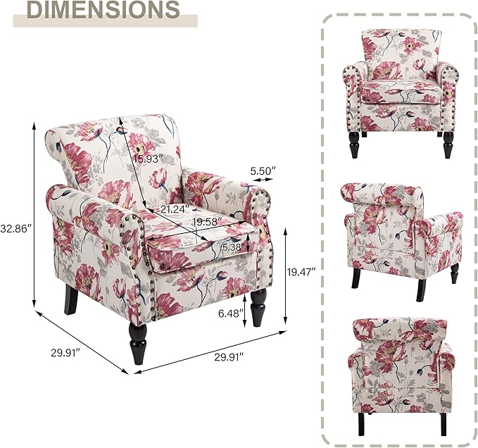 Accent Chair Upholstered High Back Floral Armchair with Nailhead Trim &amp Wood Legs Comfy Wingback Reading Single Sofa Chair for Small Spaces Living Room Bedroom-White Floral Set of 1