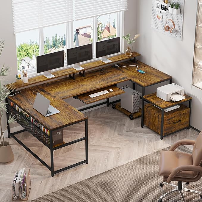 SEDETA U Shaped Desk Reversible L Shaped Home Office Desk with File Drawer &amp Power Outlet 101.5'' Computer Two Person Desk with Monitor Shelf Keyboard Tray Gaming Desk Rustic Brown