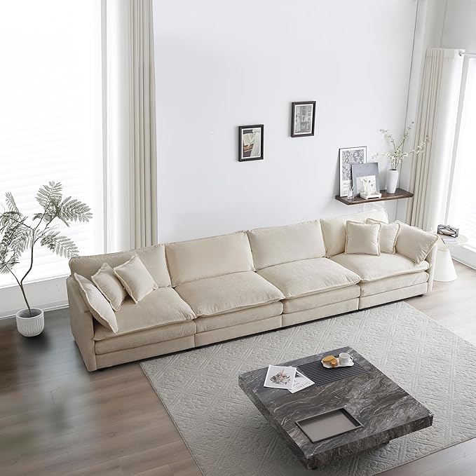 WILLIAMSPACE 146.5 Sectional Sofa Couch for Living Room Modern Upholstered Oversized L-Shaped Sofa with Ottoman &amp Toss Pillows Modular 5 Seat Sofa Furniture for Apartment Chenille Fabric (Beig