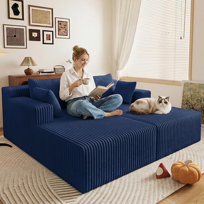 71 Oversized Chaise Lounge ChairSectional Double Lounge Chaise with Pillows Upholstered Corduroy Boneless Lounge Chair Fluffy Modern Loveseat Sleeper Sofa for Living Room or Bedroom(Blue)