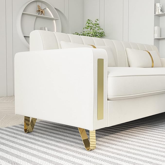 Modern Velvet Loveseat Sectional Sofa with Gold Legs 86 Large Beige Upholstered Deep Seat Chaise for 3-4 Persons Living Room Office Apartment