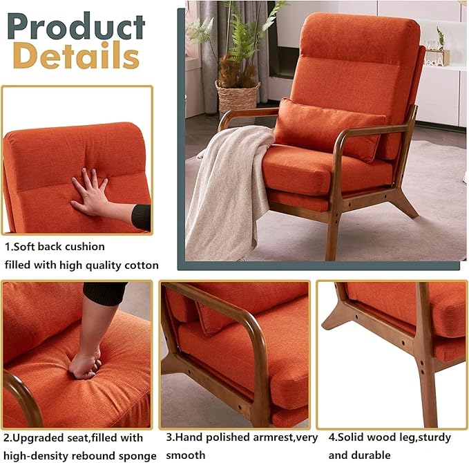 Accent Chair with Cushion Mid-Century Modern Upholstered Single Reading Armchair High Back Sofa with Linen Fabric + Solid Wood Frame for Living Room Bedroom Lounge Balcony (Orange)