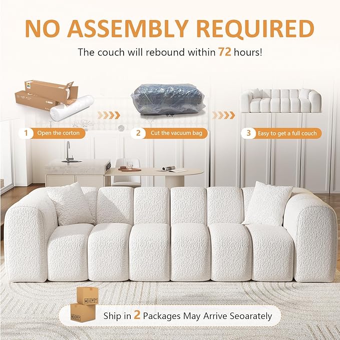 96 Modular Sectional SofaModern Boneless Cloud Couch with Deep SeatUpholstered 4-Seater Sofa Chenille Boucle Couches for Living Room Wide Seat Cozy Loveseat with Armrest (White 96-INCH)