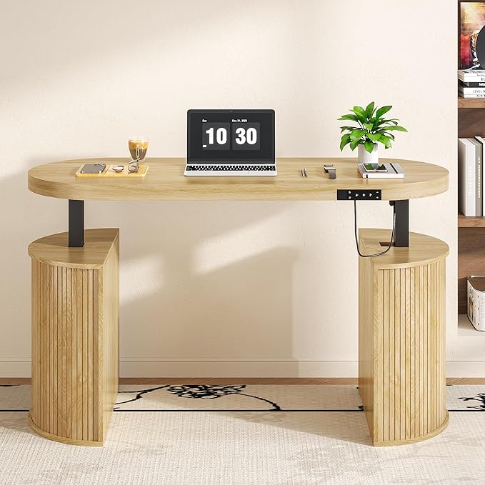 Mid Century Modern Electric Standing Desk with Storage 55 x 22 Inch Small Sit Stand Up Desk Wood Adjustable Height Computer Executive Desk for Home Office Laptop Oak